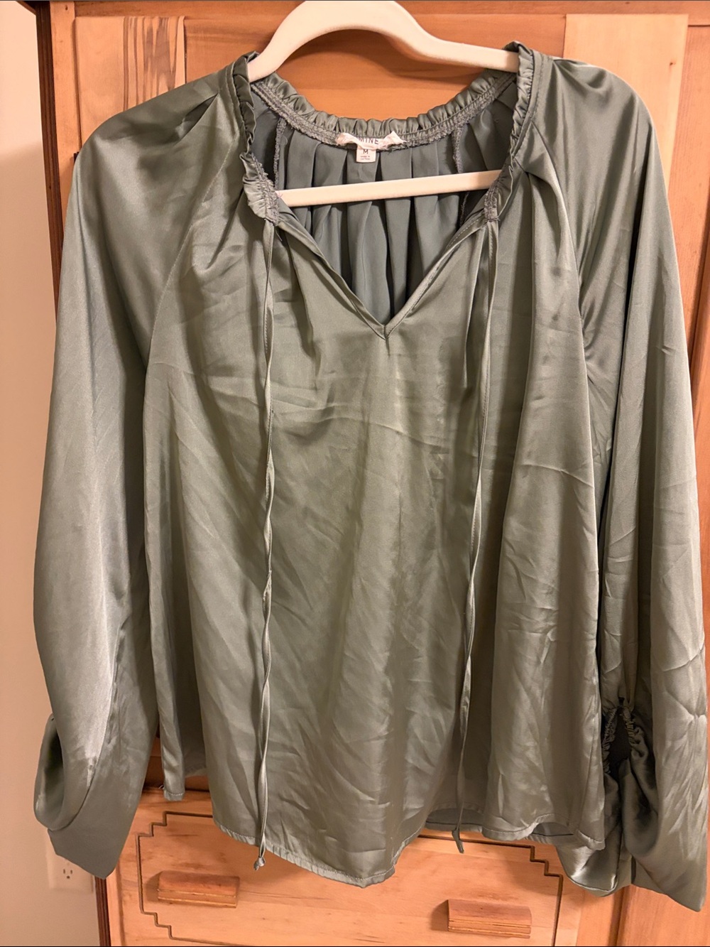 mine Sage Green Peasant-Style Blouse with Tie Neck